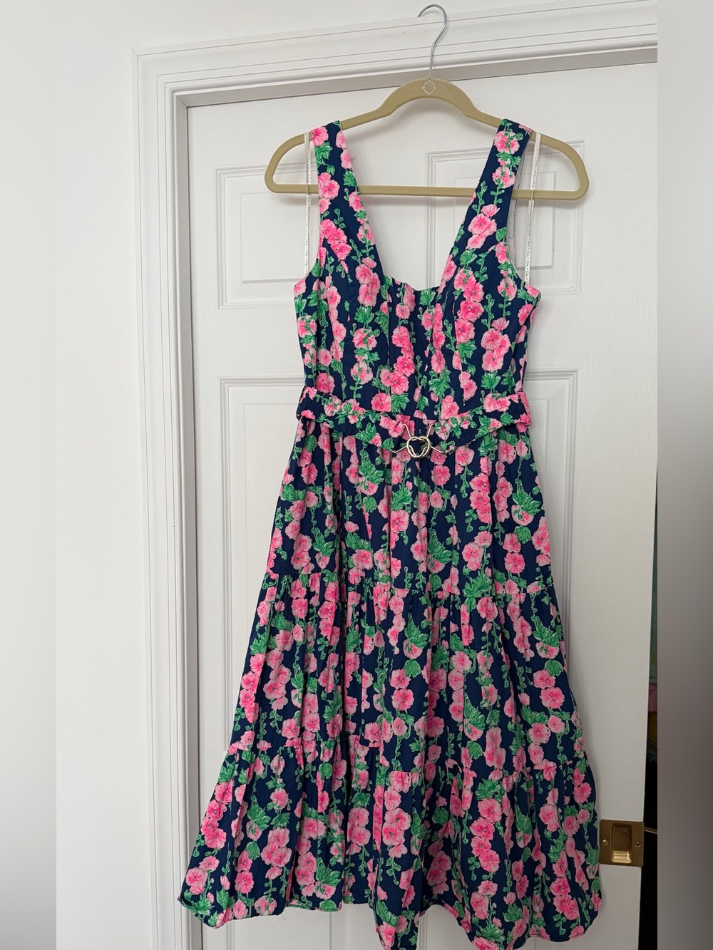 EUC Lilly Pulitzer McKimmon Dress with Belted Navy Blue Pink Floral Sundress